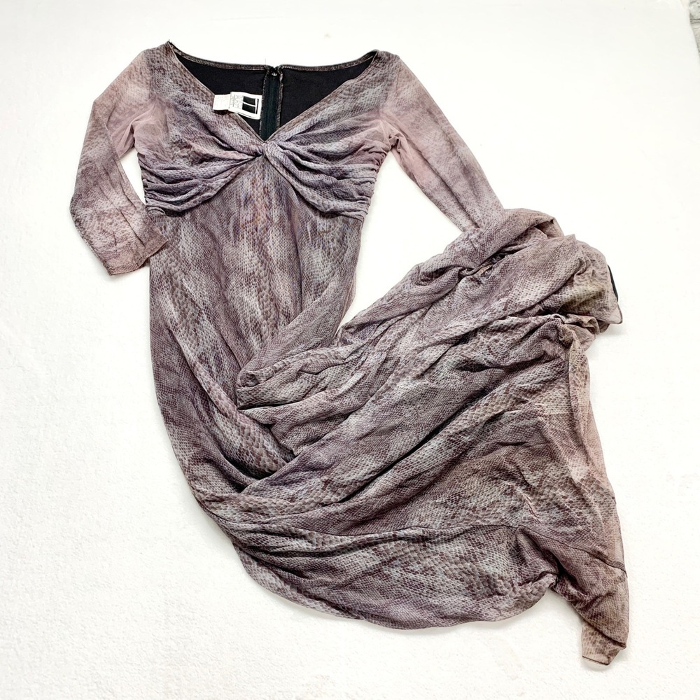Tadashi Shoji Snake Print Mesh Ruched Maxi Dress‎ Womens Sz 4 Brown Vintage Gown